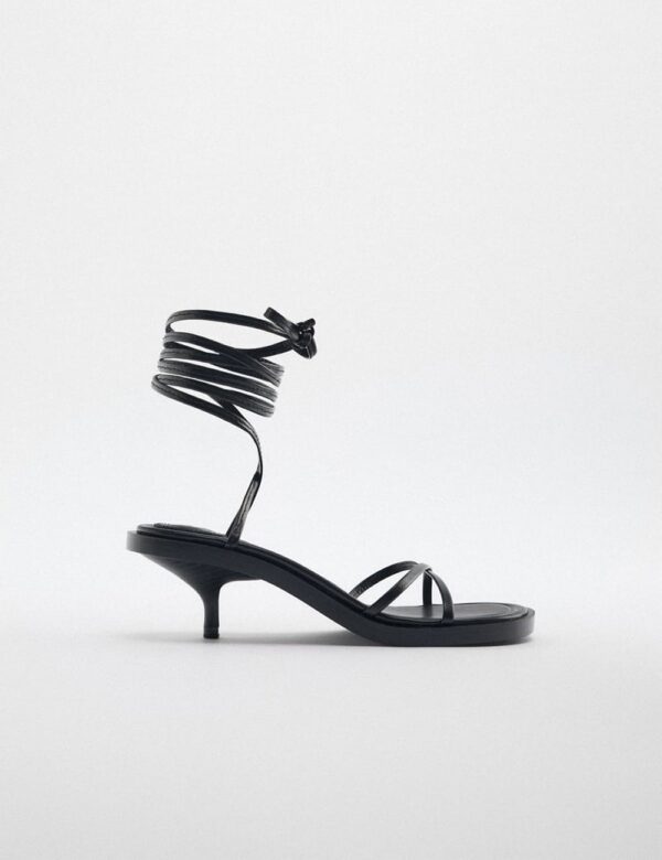 Lace Up Mid-Heel Leather Sandals - Gainsboro